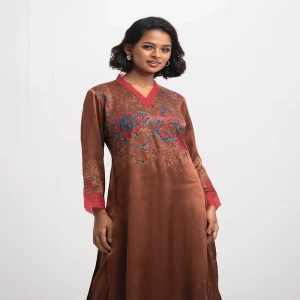 Brown Silk Viscose A-line Kameez