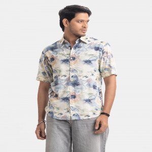 Printed Ramie Cotton Short Sleeve Casual Shirt