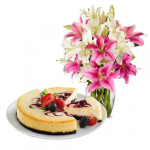 lily-bouquet-with-berry-chocolate-cheesecake