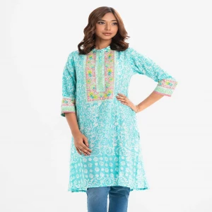 Blue Blended Cotton A-line Kameez