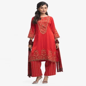 Red Blended A-line Salwar Kameez