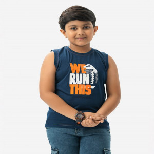 Navy Blue Cotton  Sleeveless T-shirt