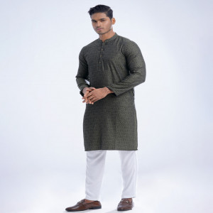 Green Semi Fitted Jacquard Cotton Panjabi
