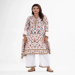 White Blended Cotton Straight Kameez
