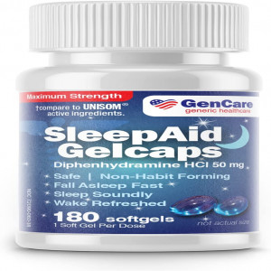 Maximum Strength Nighttime Sleep Aid Supplement for Adults by GenCare- Deep Sleep Pills with Diphenhydramine HCl 50mg to Fall Asleep Faster- Strong Non-Habit Forming PM Sleeping Relief [180 Softgels]