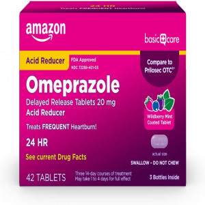 Amazon Basic Care Omeprazole Delayed Release Tablets 20 mg, Acid Reducer, Wildberry Mint Coated Tablet, 42 Count