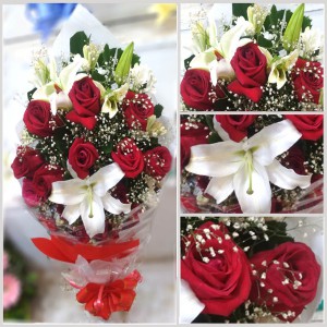 Red Rose and White Lily Flower Bouquet