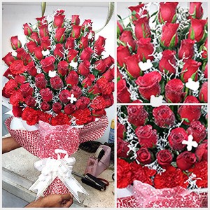 Red Rose and White Mum Flower Bouquet