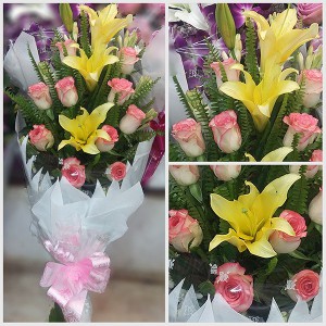 Pink Rose And Yellow Lily Flower Bouquet