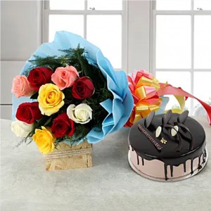 Mixed Rose Bouquet With Cake