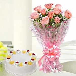 Pink Rose Bouquet with Pineapple Cake