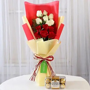 Ferrero Rocher Box with Red & White Roses