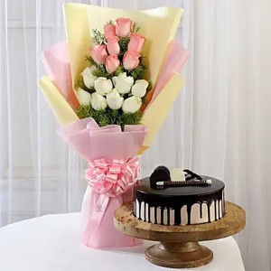Pink & White Roses with Cake Combo
