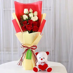 Red & White Roses Bouquet with Teddy Bear