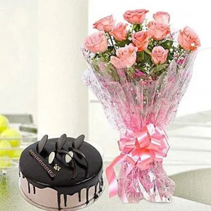Pink Roses And Chocolate Cake Combo