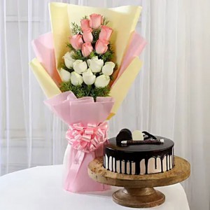 Pink & White Roses & chocolates cake