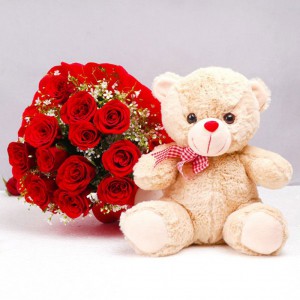 Sweet Romance- Rose Bouquet & Teddy