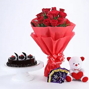 Rosy Love Affair- Teddy Bear , Chocolates & cake