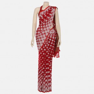 Maroon Appliqued, Printed and Embroidered Cotton Saree