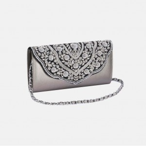 Metallic Grey Erri Embroidered faux Leather Purse