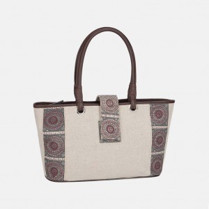 Beige Printed Jute Bag