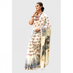 Half Silk Printed &amp; Embroidered Saree