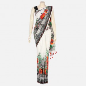 White Printed Cotton Saree