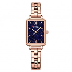 Elegant Women's Stainless Steel Rectangle Dial Light Thin Quartz Wristwatch- Rose Gold &amp; Blue