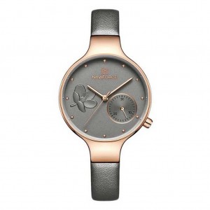 Grey PU Leather Sub-Dial Chronograph Watch For Women