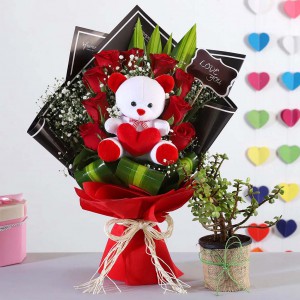 Red Roses Bouquet With Jade Plant Teddy (Copy)