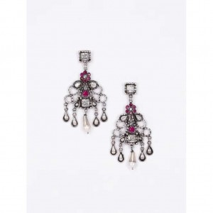 Simulated Stone Studded Oxidized Silver Earrings