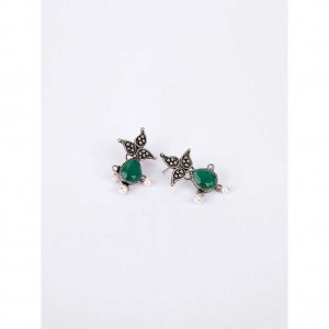 Simulated Stone and Pearl Studded Oxidized Silver Earrings