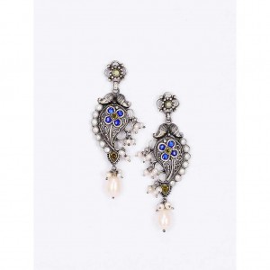 Pearl Studded Oxidized Silver Chandelier Earrings