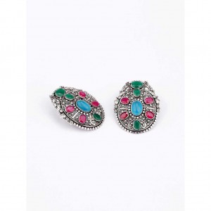 Simulated Stone Studded Oxidized Silver Earrings