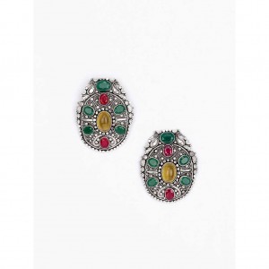 Simulated Stone Studded Oxidized Silver Earrings