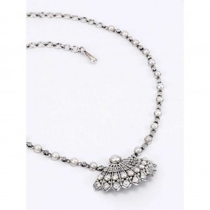 Simulated Stone and Pearl Studded Oxidized Silver Necklace