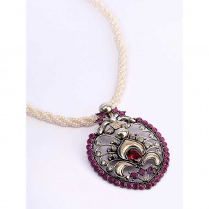 Pearl & Simulated Stone Oxidized Silver Necklace