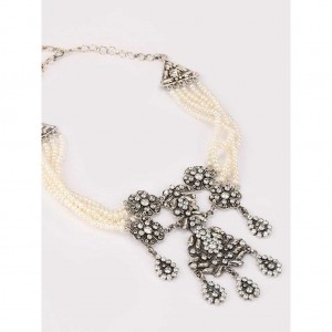 Simulated Stone and Pearl Studded Oxidized Silver Necklace