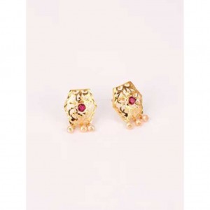 Simulated Stone and Pearl Studded Gold Earrings