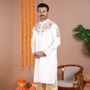 White Floral Heritage Embroidery Panjabi