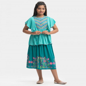 Green Viscose Kids Skirt Top Set