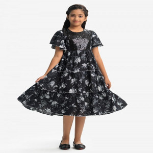 Black Georgette Tiered Frock