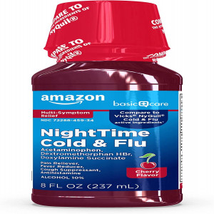 Amazon Basic Care Nighttime Cold & Flu Relief, Pain Reliever, Fever Reducer, Cough Suppressant, Antihistamine, Cherry, 8 Fluid Ounces