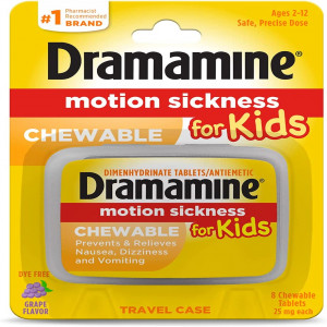 Dramamine Motion Sickness for Kids, Chewable, Dye Free, Grape Flavored, 8 Count