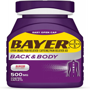Bayer Back & Body Extra Strength Aspirin, 500mg Coated Tablets, Fast Relief at the Site of Pain, Pain Reliever with 32.5mg Caffeine, 200 Count