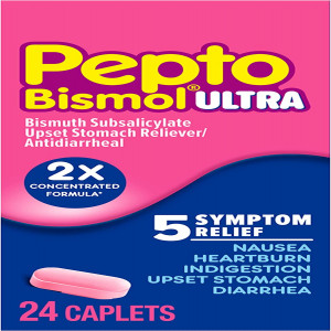 Pepto Bismol Caplets Ultra for Nausea, Heartburn, Indigestion, Upset Stomach, and Diarrhea Relief 2x24 ct – 48 Total