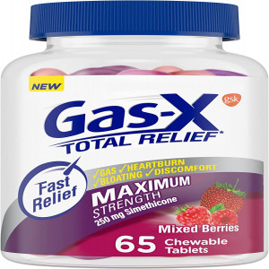 Gas-X Total Relief Chewable Tablets with Maximum Strength Gas Relief Simethicone 250 mg and Heartburn Relief Calcium Carbonate 750 mg, Mixed Berries - 65 Count