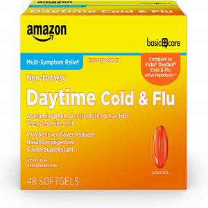 Amazon Basic Care Daytime Cold & Flu Liquid Caps; Cold Care for Daytime Cold and Flu, 48 Count