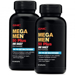 GNC Mega Men 50 Plus One Daily Multivitamin, Twin Pack, 60 Caplets per Bottle, Supports Heart, Brain and Eye Health