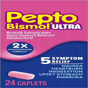 Pepto Bismol Ultra Caplets, 2X Concentrated Formula*, Upset Stomach Relief, Bismuth Subsalicylate, Multi-Symptom Relief of Gas, Nausea, Heartburn, Indigestion, Upset Stomach, Diarrhea, 24 Caplets